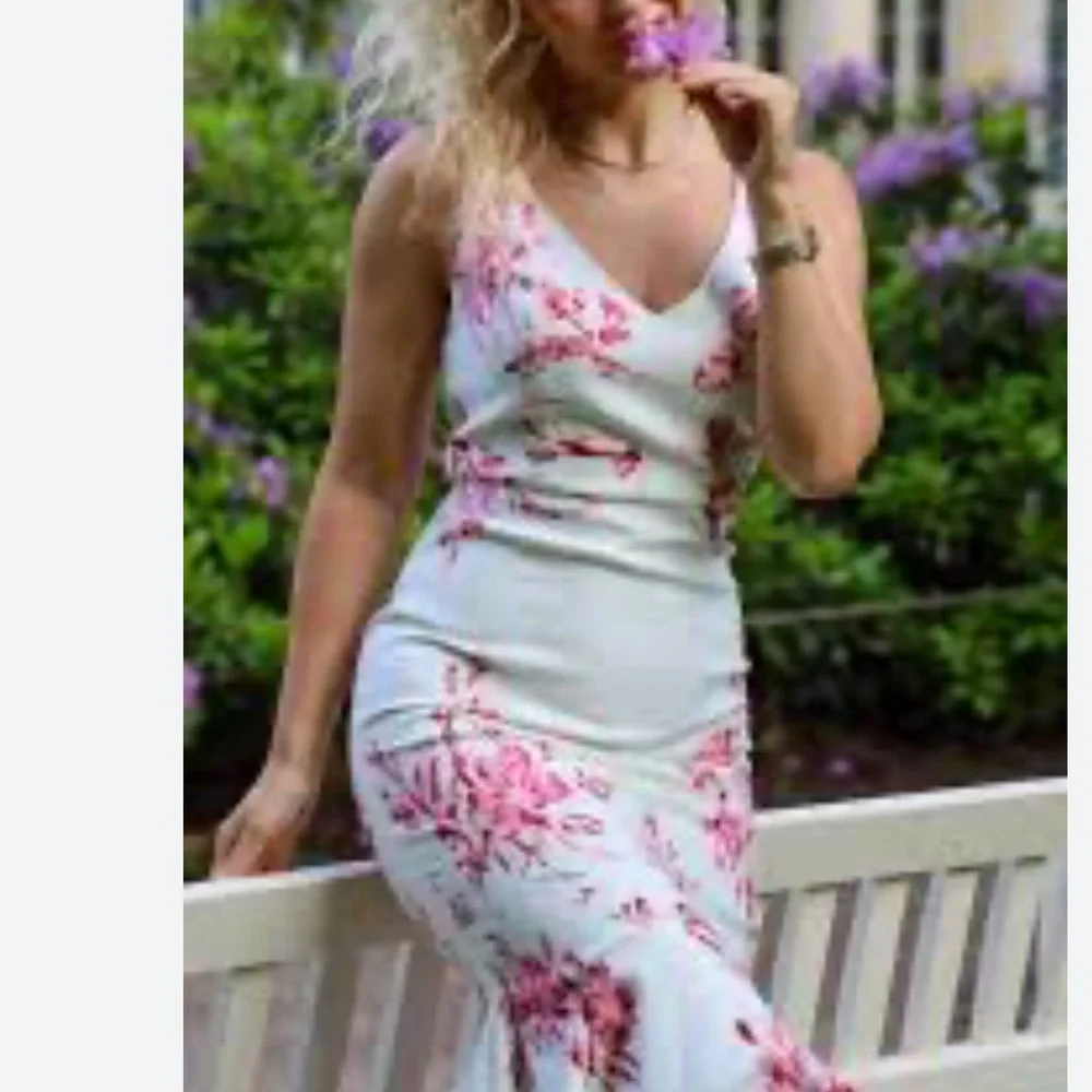 FEHAUTE Pink Floral Mermaid Skirt V Neck Sleeveless Mermaid Midi Dress Size 4 - Picture 5 of 11
